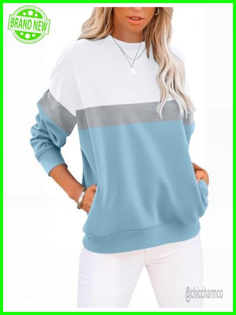 Womens Cotton Crew Neck Lightweight Pullover Sweatshirt with Hidden Pockets